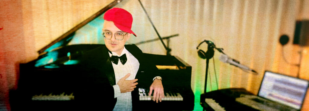 Bastian Lee Jones in the studio with grand piano and recording equipment