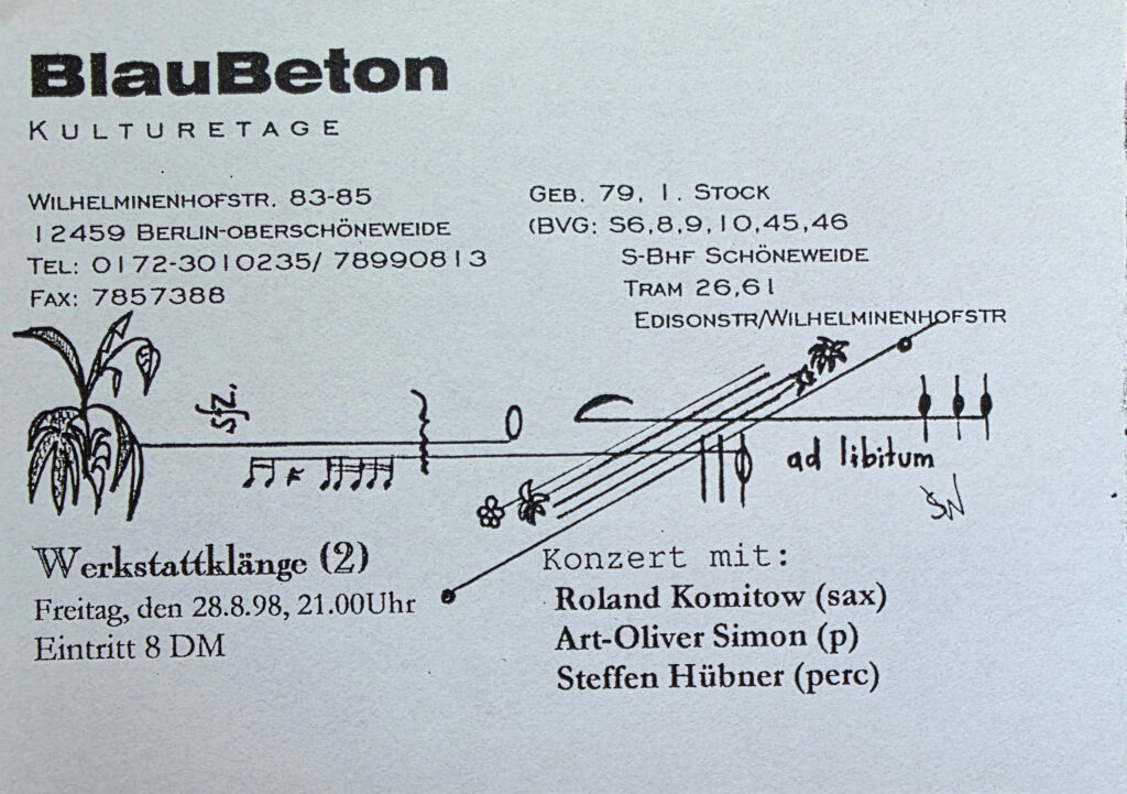 BLAUBETON Kulturetage flyer for the Werkstattklänge concert series, featuring an original drawing and graphic concept by Bastian Lee Jones.