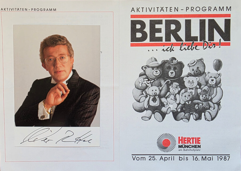 Front of the HERTIE Munich Berliner Woche programme from May 1987 with a Dieter Thomas Heck autograph card preserved in the Bastian Lee Jones archive.