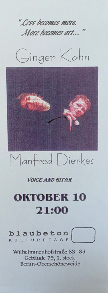 Concert flyer for vocalist Ginger Kahn and guitarist Manfred Dierkes at BLAUBETON Kulturetage on 10 October 1998.