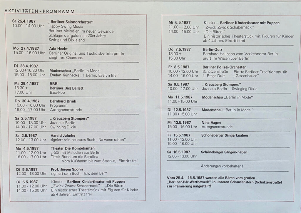 HERTIE Munich Berliner Woche programme schedule listing performances by the Schöneberger Sängerknaben on 15 and 16 May 1987.