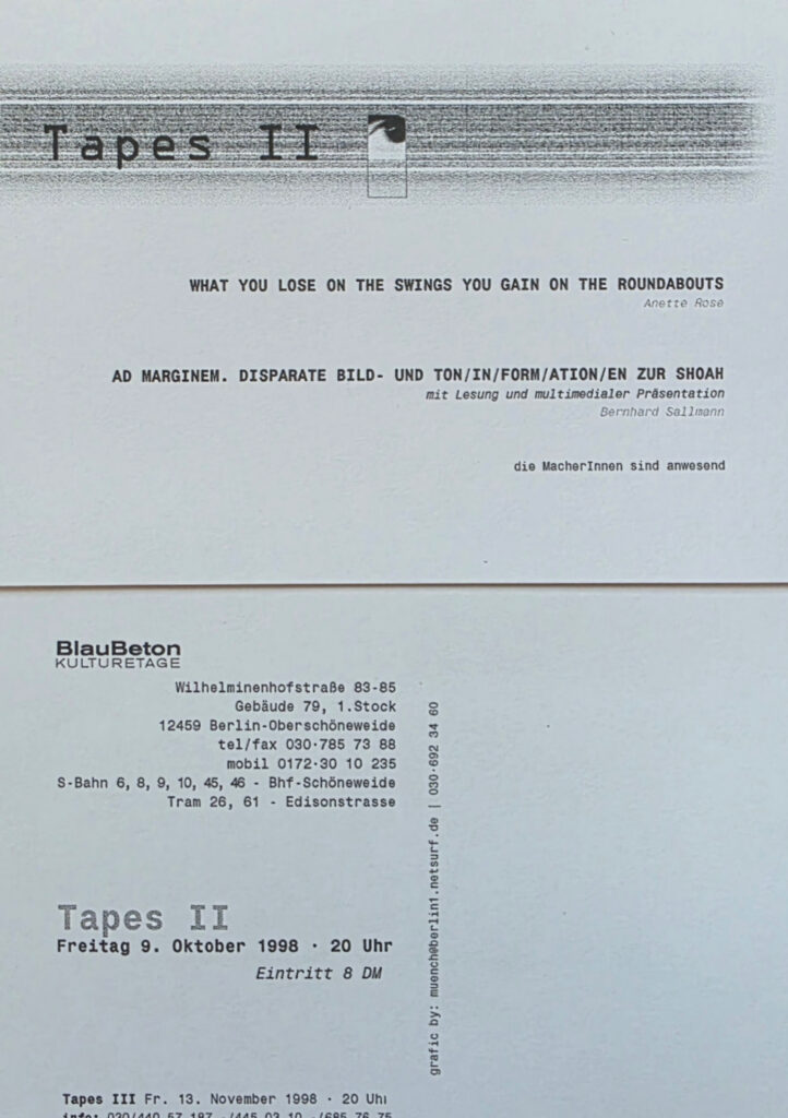BLAUBETON Kulturetage flyer for TAPES II on 9 October 1998, featuring film, reading and multimedia presentations.