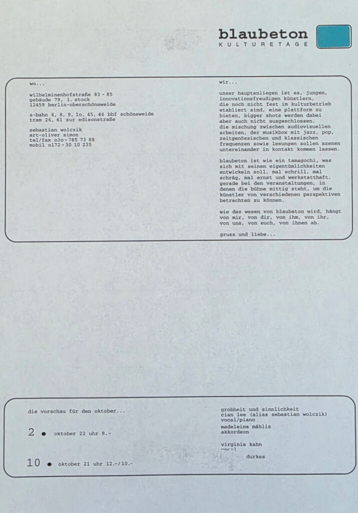 BLAUBETON Kulturetage programme preview for October 1998 featuring Cian Lee and a concert by Ginger Kahn and Manfred Dierkes.