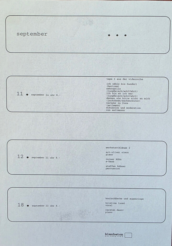 BLAUBETON Kulturetage monthly programme for September 1998 listing video, contemporary music and live performance events.