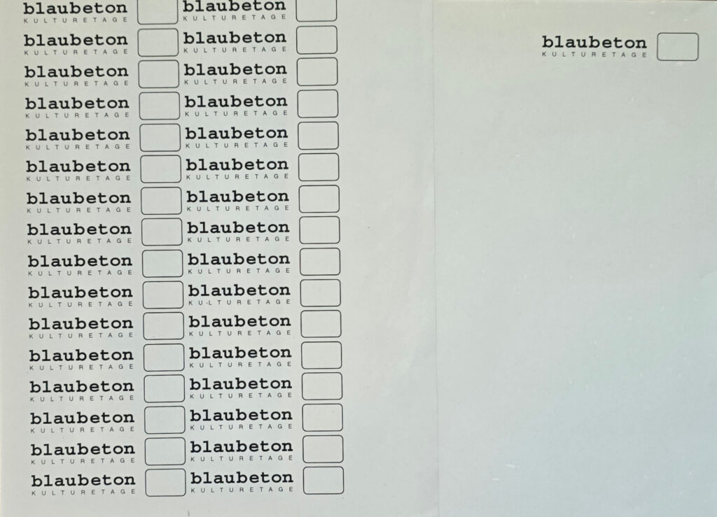 Early BLAUBETON Kulturetage corporate design material showing a repeated logo sheet alongside a letterhead layout.