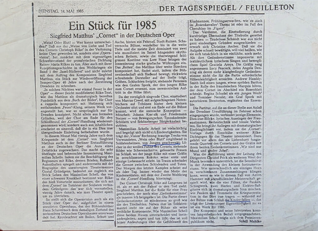 Der Tagesspiegel newspaper article about The Cornet production at the Deutsche Oper Berlin.