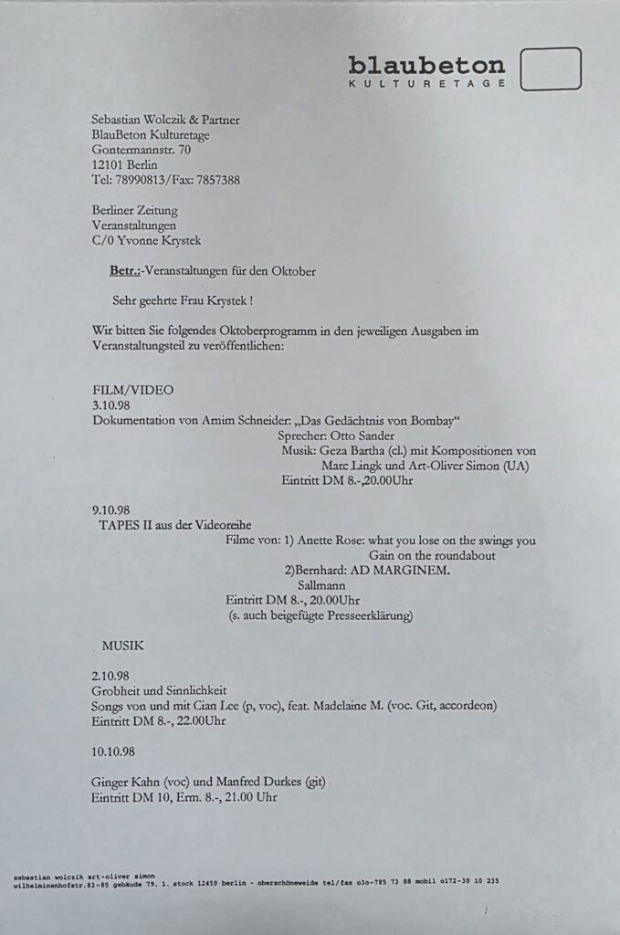 BLAUBETON Kulturetage letter to Berliner Zeitung submitting the October 1998 programme for publication in the newspaper’s event listings.
