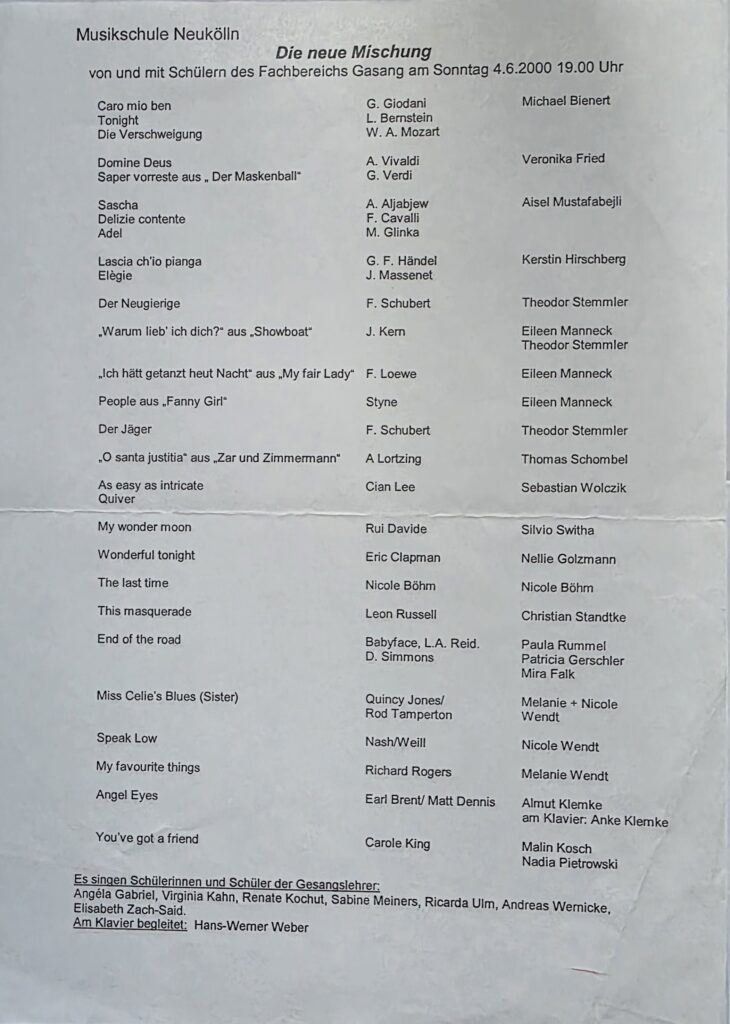 Program sheet from Musikschule Neukölln listing vocal performances, including the songs “As easy as intricate” and “Quiver” by Cian Lee, performed by Sebastian Wolczik.