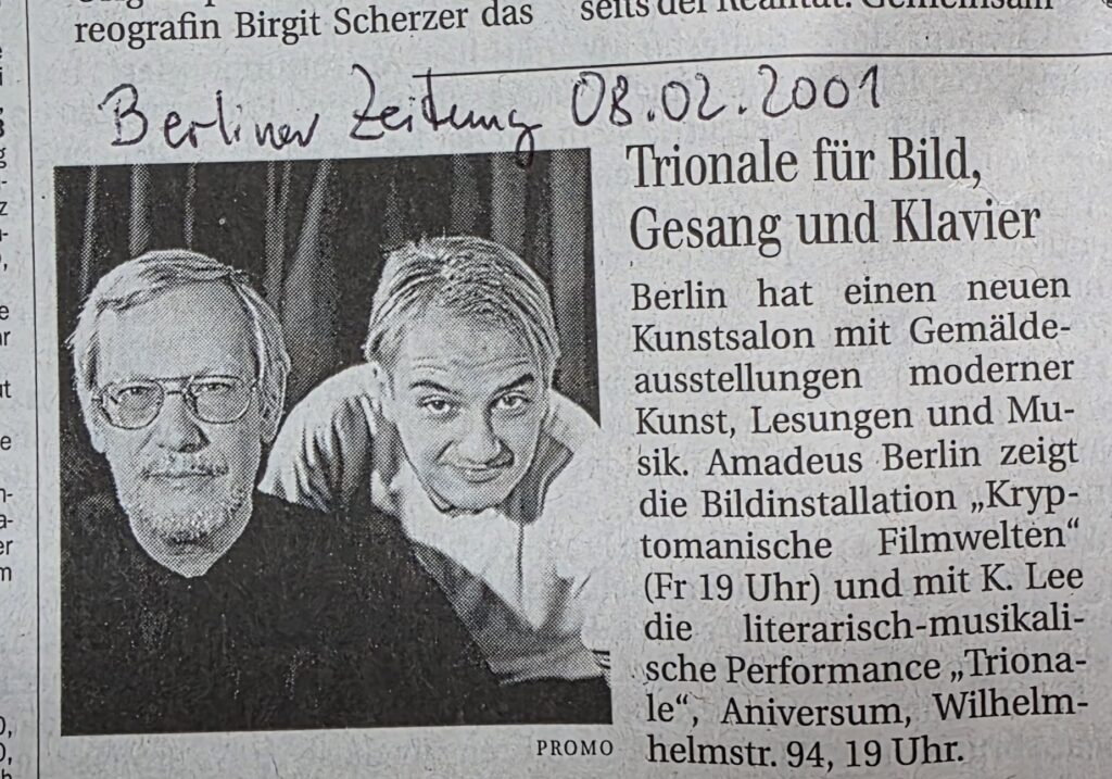 Newspaper clipping announcing the literary-musical performance Trionale with Kian Lee as pianist and performer.