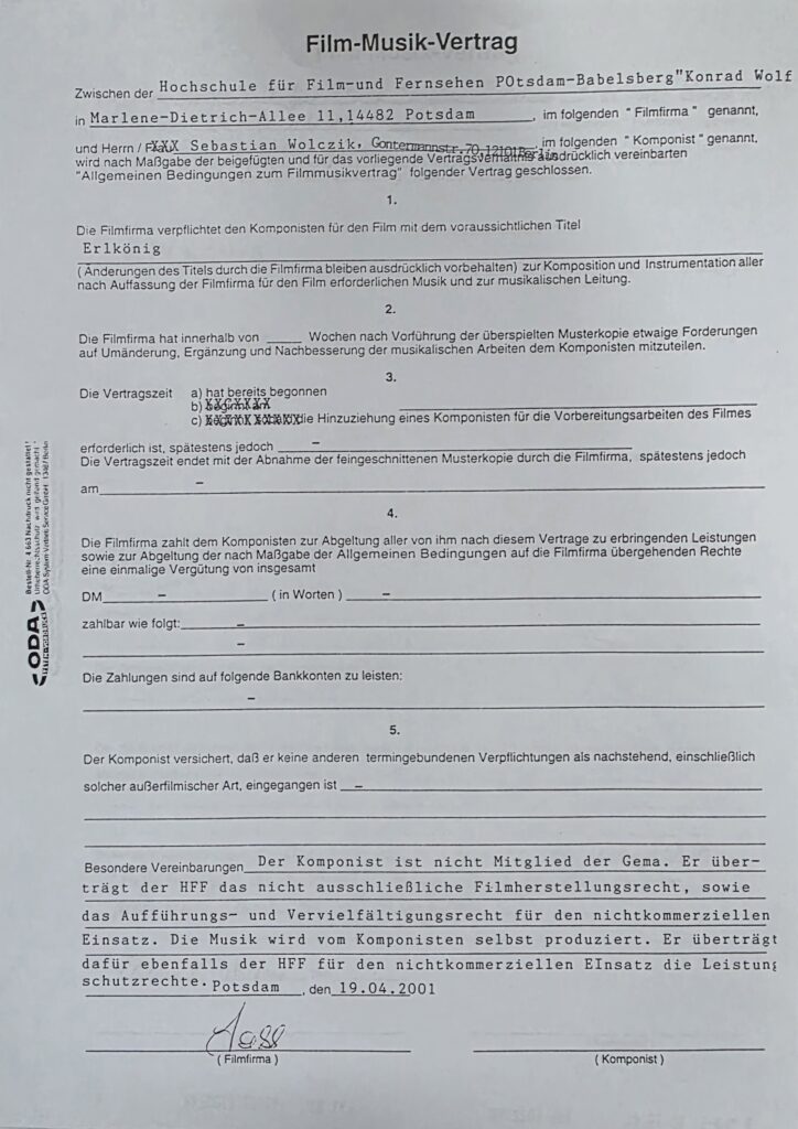 Film music contract from Hochschule für Film und Fernsehen Potsdam-Babelsberg commissioning Sebastian Wolczik as composer for the short film Erlkönig in 2001.