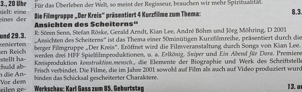 German press clipping announcing a film programme by Filmgruppe Der Kreis, opened by songs performed by Kian Lee.