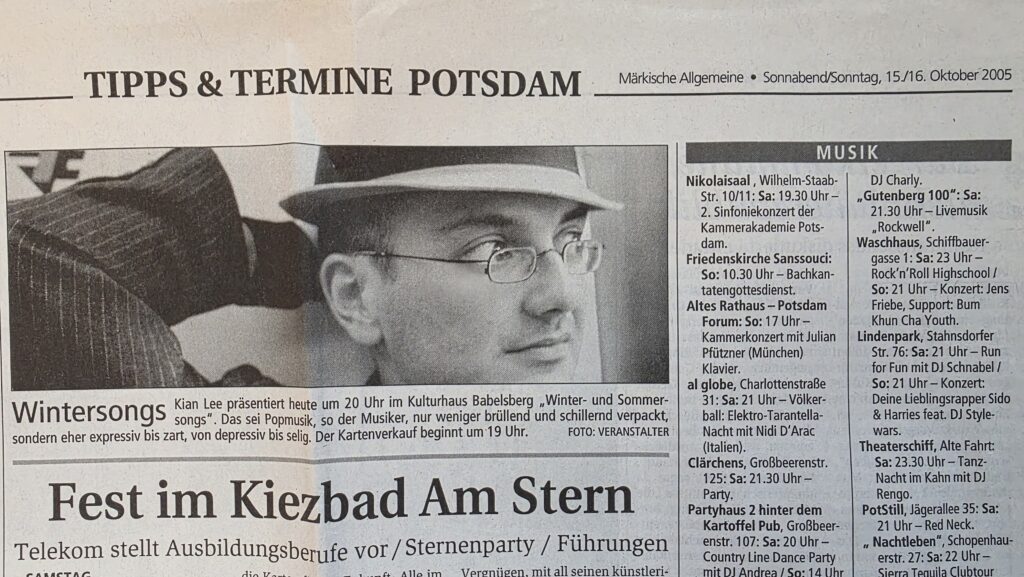 Newspaper events page featuring Kian Lee and announcing the concert Wintersongs at Kulturhaus Babelsberg.