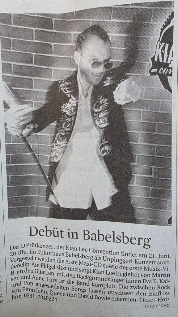 German newspaper article titled Debüt in Babelsberg announcing the debut concert of Kian Lee Convention.