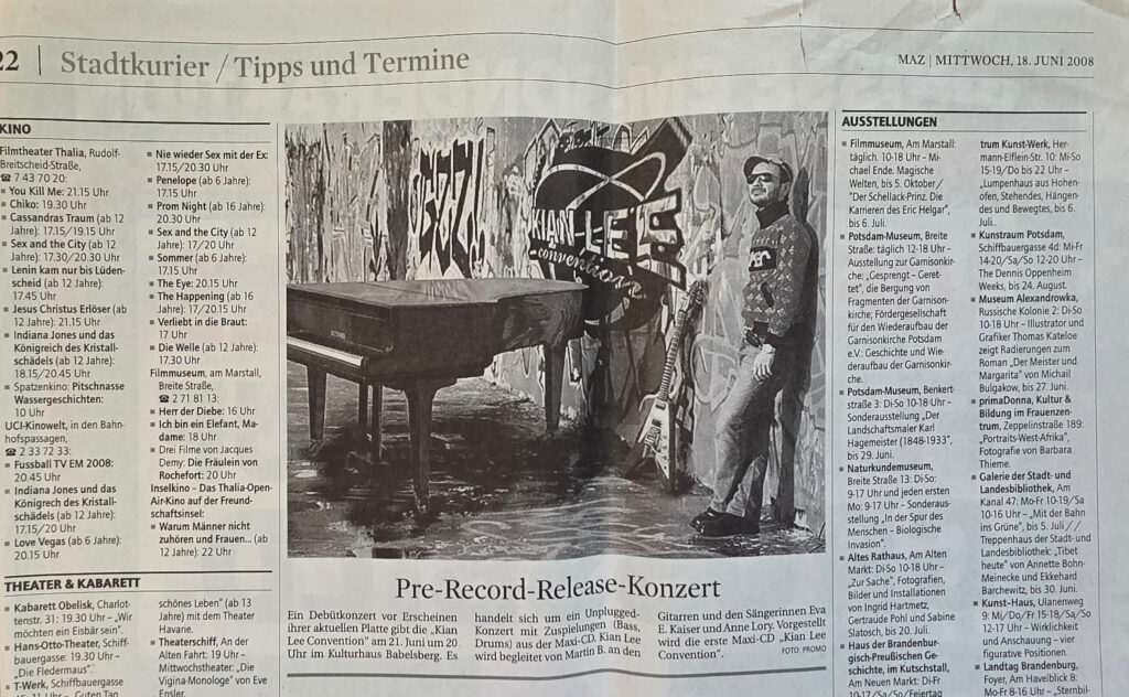 Newspaper article announcing a pre-record-release concert by Kian Lee Convention at Kulturhaus Babelsberg.