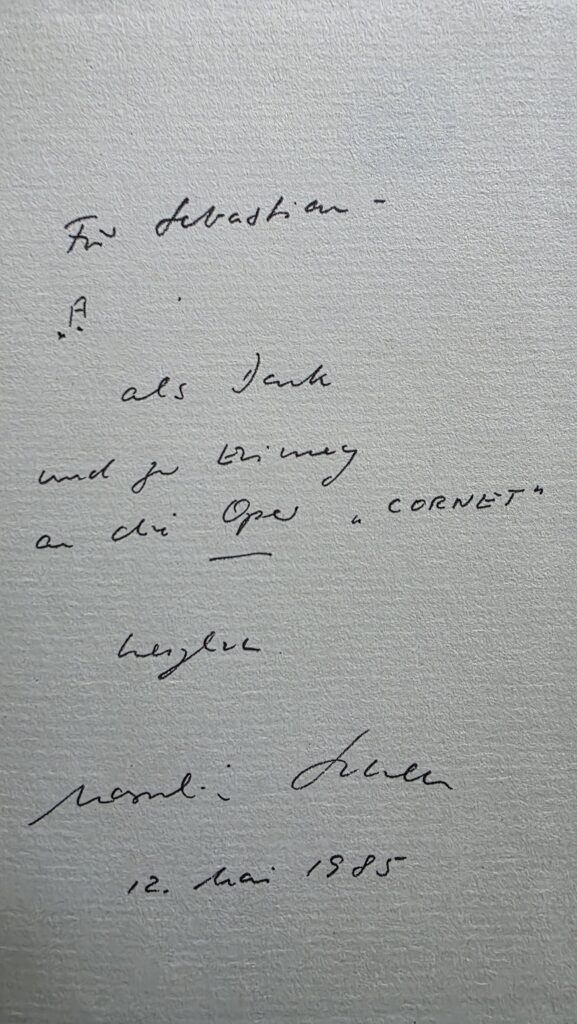 Handwritten dedication and signature by Maximilian Schell connected to The Cornet production at the Deutsche Oper Berlin.