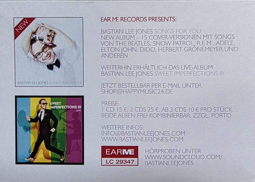 EARMErecords promotional card advertising Bastian Lee Jones releases “Songs You Know” and “Sweet Imperfections III Live”.