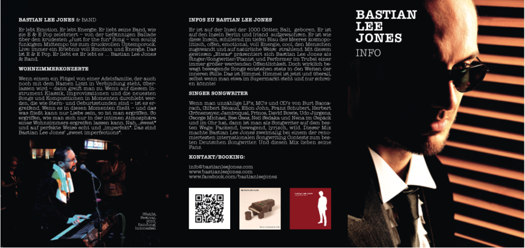 Promotional leporello flyer for Bastian Lee Jones & Band, created after the debut concert.