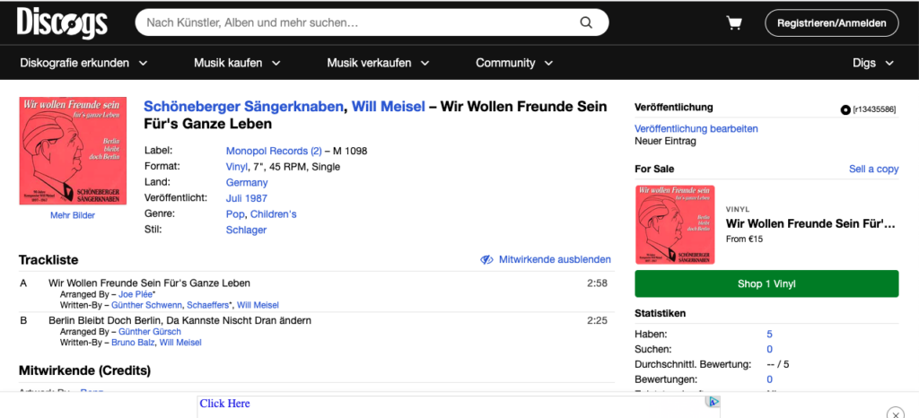 Discogs release page for the Schöneberger Sängerknaben single Wir wollen Freunde sein für’s ganze Leben, released in 1987.