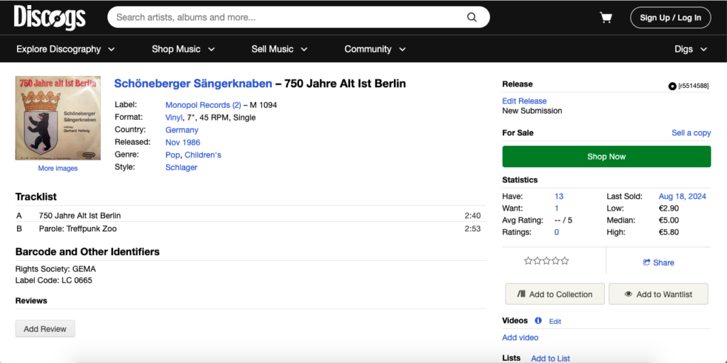 Discogs release page for the Schöneberger Sängerknaben single 750 Jahre alt ist Berlin, released in 1986.