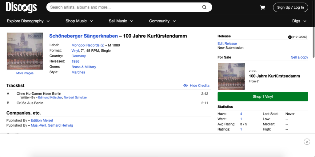 Discogs release page for the Schöneberger Sängerknaben single 100 Jahre Kurfürstendamm, released in 1986.