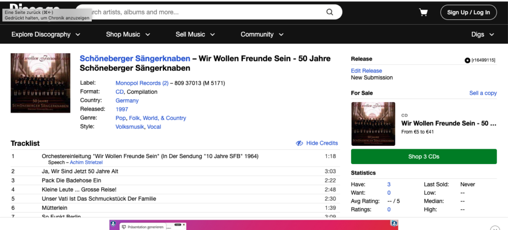 Discogs release page for Wir wollen Freunde sein – 50 Jahre Schöneberger Sängerknaben.