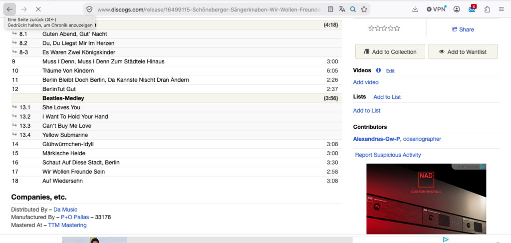 Discogs tracklist showing the Beatles Medley with She Loves You, I Want to Hold Your Hand, Can’t Buy Me Love and Yellow Submarine.