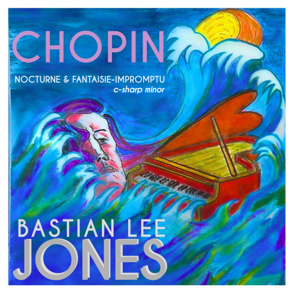 Cover artwork for Bastian Lee Jones’ Chopin C-Sharp Minor release, featuring a colorful hand-drawn grand piano surrounded by expressive blue waves.