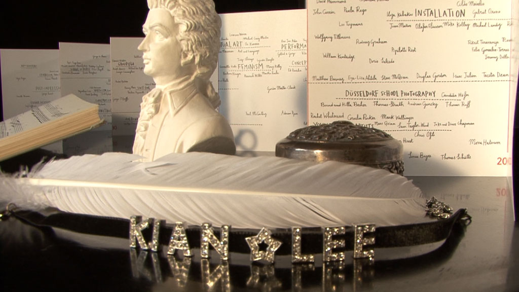 Conceptual still-life image featuring a classical bust, white feather, decorative objects and the Kian Lee name.
