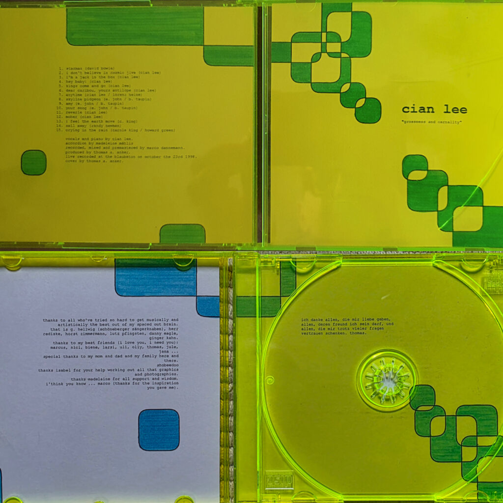 Collage showing the artwork, tracklist and CD packaging for Cian Lee’s live recording grossness & carnality at BLAUBETON.