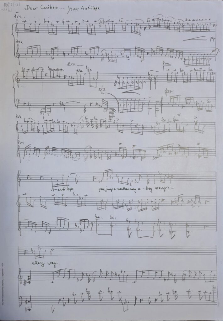 Handwritten music manuscript by Cian Lee for the song “Dear Caribou … Yours, Antilope”, written across several staves with melody lines, annotations, and draft lyrics.