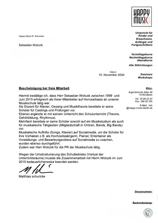 Certificate from HAPPY MUSIC confirming Bastian Lee Jones’s freelance teaching and public relations work between 1999 and 2015.