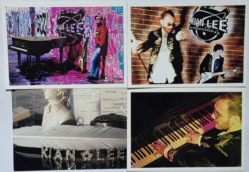 Four-image collage showing Kian Lee Convention visual styling, performance photography, piano imagery and conceptual still-life elements.