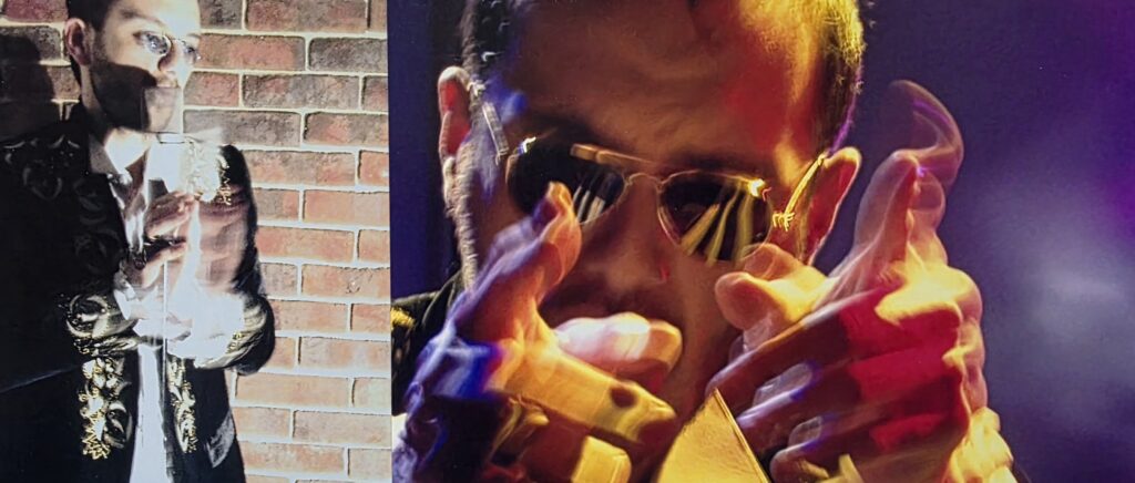 Performance photographs of Kian Lee on stage, including a close-up under coloured light and a staged performance image against a brick wall.