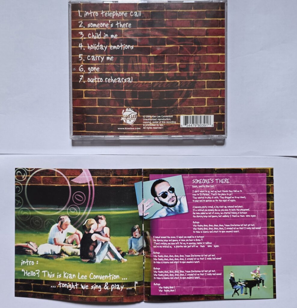Kian Lee Convention EP packaging showing the back cover tracklist and an inside booklet spread for the song Someone’s There.