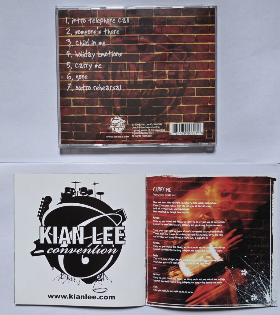 Kian Lee Convention EP booklet spread showing the project logo and the lyric page for the song Carry Me.