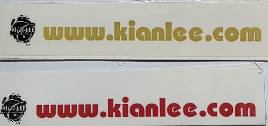 Two rectangular promotional stickers showing the Kian Lee Convention logo and the website address www.kianlee.com in gold and red.