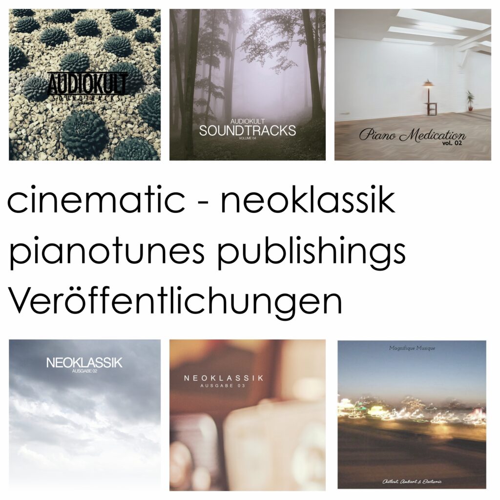 Compilation covers from AUDIOKULT and PASR Verlag featuring cinematic, neo-classical and ambient piano works by Bastian Lee Jones.