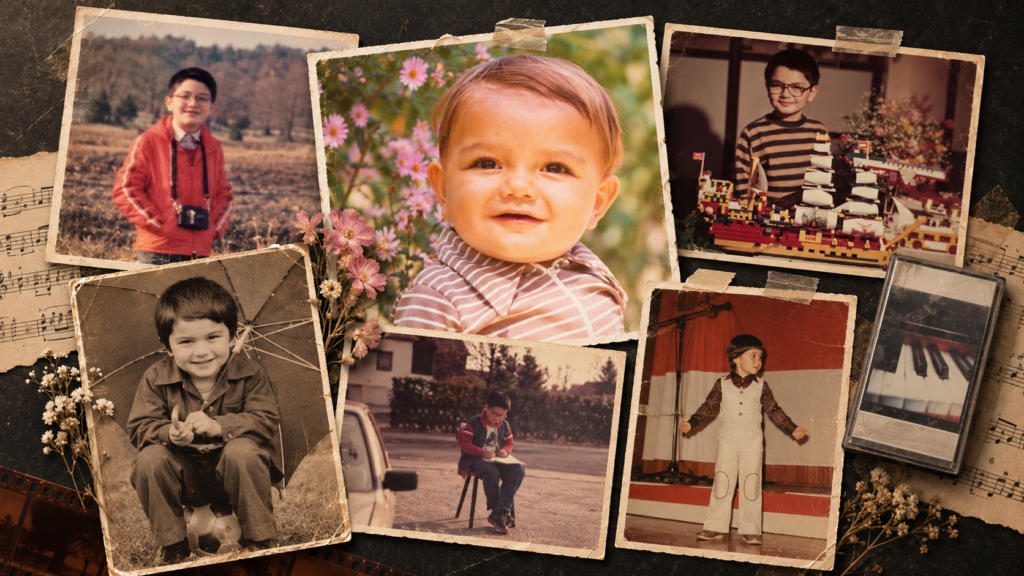 Childhood collage of Bastian Lee Jones showing him as a baby, with a camera, with LEGO constructions, drawing and appearing in early modelling and stage settings, alongside a classical piano cassette representing his earliest connection to music.