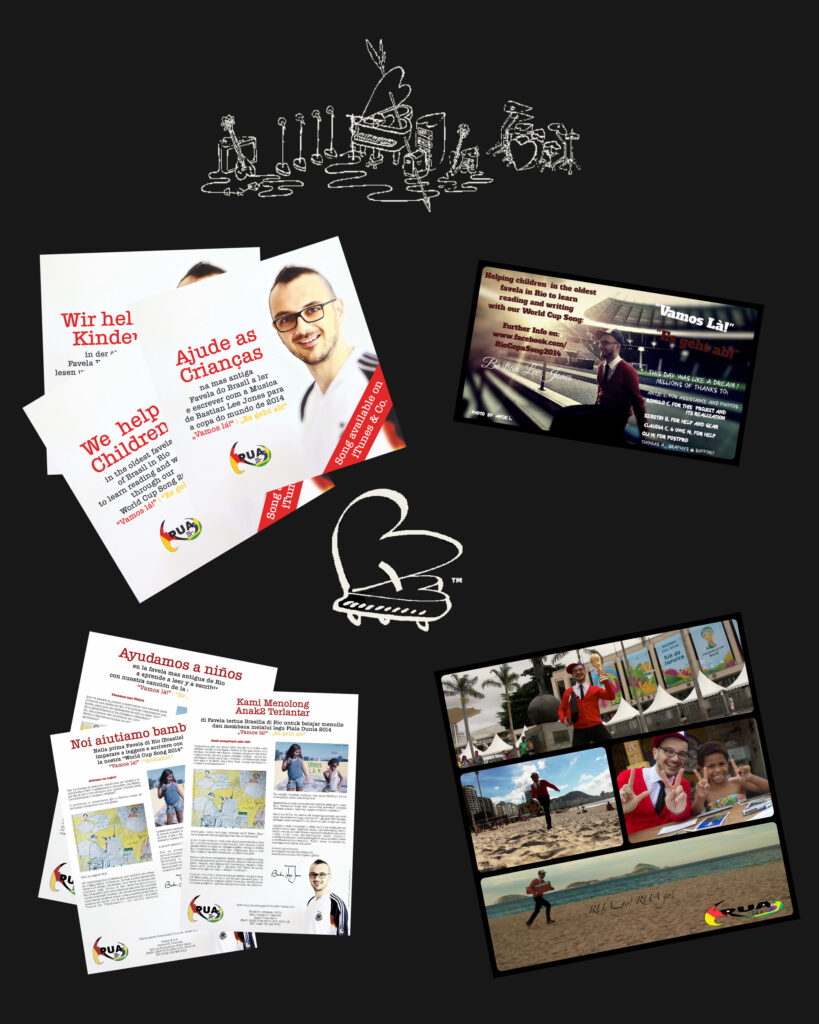 Editorial archive collage for Bastian Lee Jones’ VAMOS LÁ project, featuring multilingual flyers, Berlin Olympic Stadium production material and Rio de Janeiro project photography.