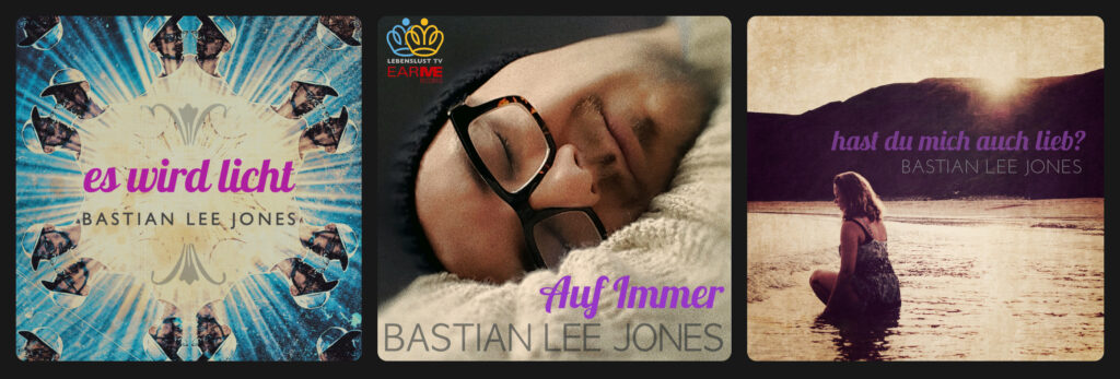 Editorial cover-art panel featuring the Bastian Lee Jones singles Es wird Licht, Auf Immer and Hast du mich auch lieb? from the Vatersprache project.
