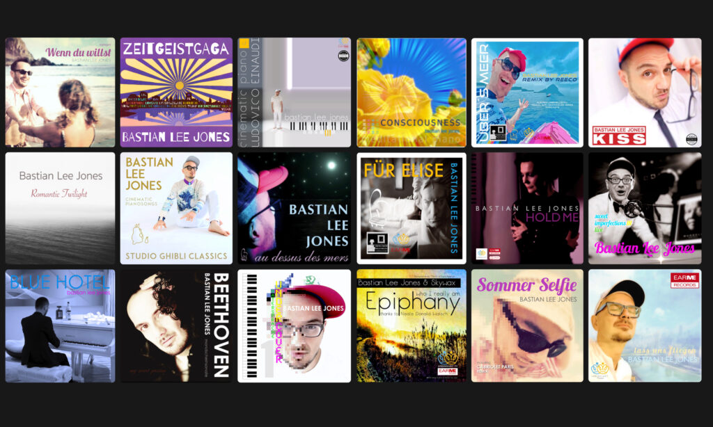 Editorial visual discography panel featuring selected Bastian Lee Jones album, EP and single cover artworks arranged as an 18-cover grid on a BLJ Graphite background.