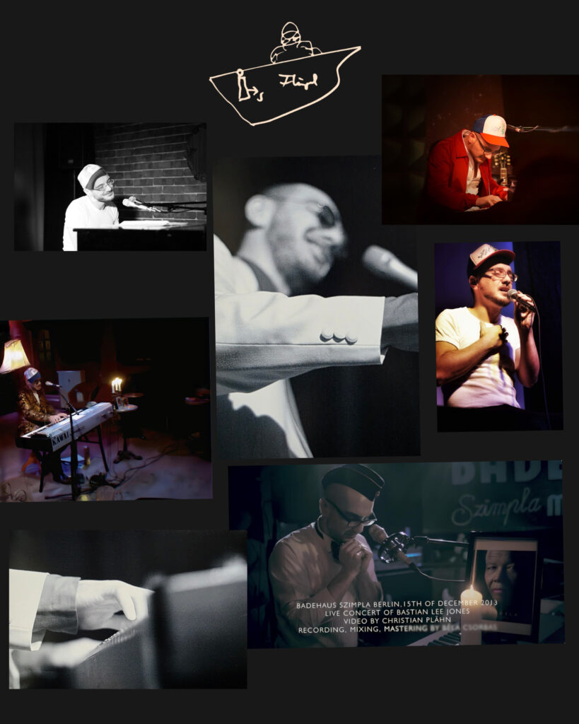 Collage of intimate live performances by Bastian Lee Jones, featuring solo piano, voice, small concert settings and performance moments.