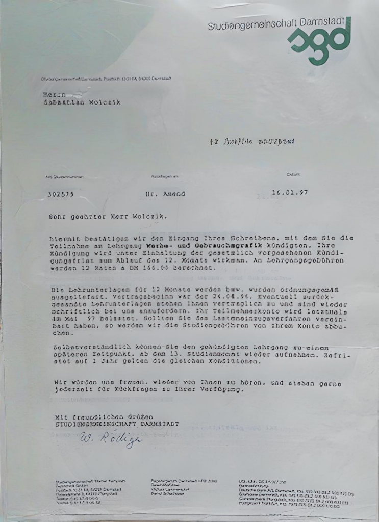 Archive document relating to Bastian Lee Jones’s graphic design studies with Studiengemeinschaft Darmstadt.