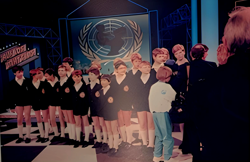 Archive photograph of the Schöneberger Sängerknaben during the UNICEF-themed final edition of Auf Los geht’s los in Düsseldorf in 1986. The appearance was part of the choir’s television and touring work and is preserved in the Bastian Lee Jones Heritage archive. Photographer unknown.