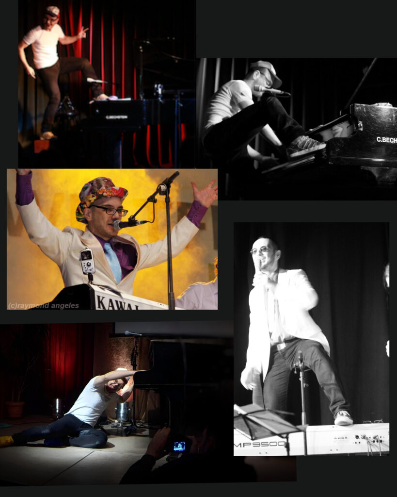 Bastian Lee Jones in expressive solo piano performances, moving around, over and beside the instrument on different stages.