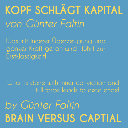 Bilingual inspiration graphic by Bastian Lee Jones referencing Günter Faltin and the title Kopf schlägt Kapital.
