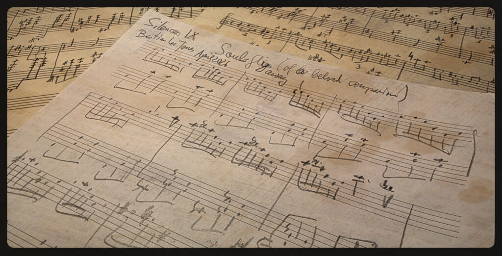 Handwritten music manuscript excerpt for “Souls Fly Away” from Bastian Lee Jones’ original composition project “Silences”.