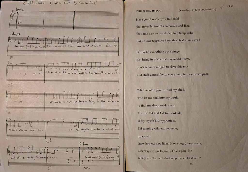 Original handwritten score and lyric sheet for “Child’s in Me” by Kian Lee.