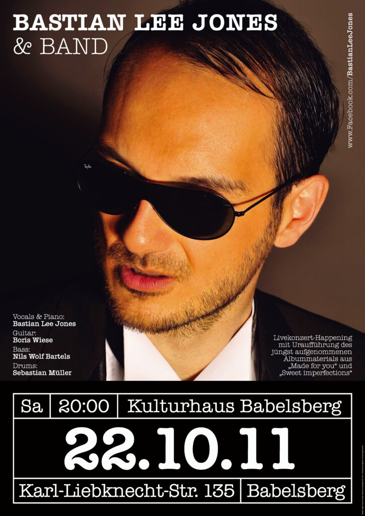 Concert poster design for Bastian Lee Jones & Band at Kulturhaus Babelsberg.