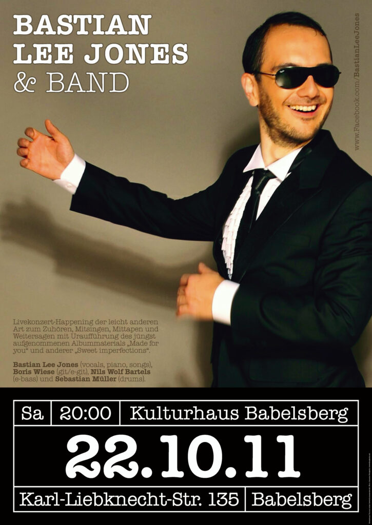 Concert poster design for Bastian Lee Jones & Band at Kulturhaus Babelsberg.